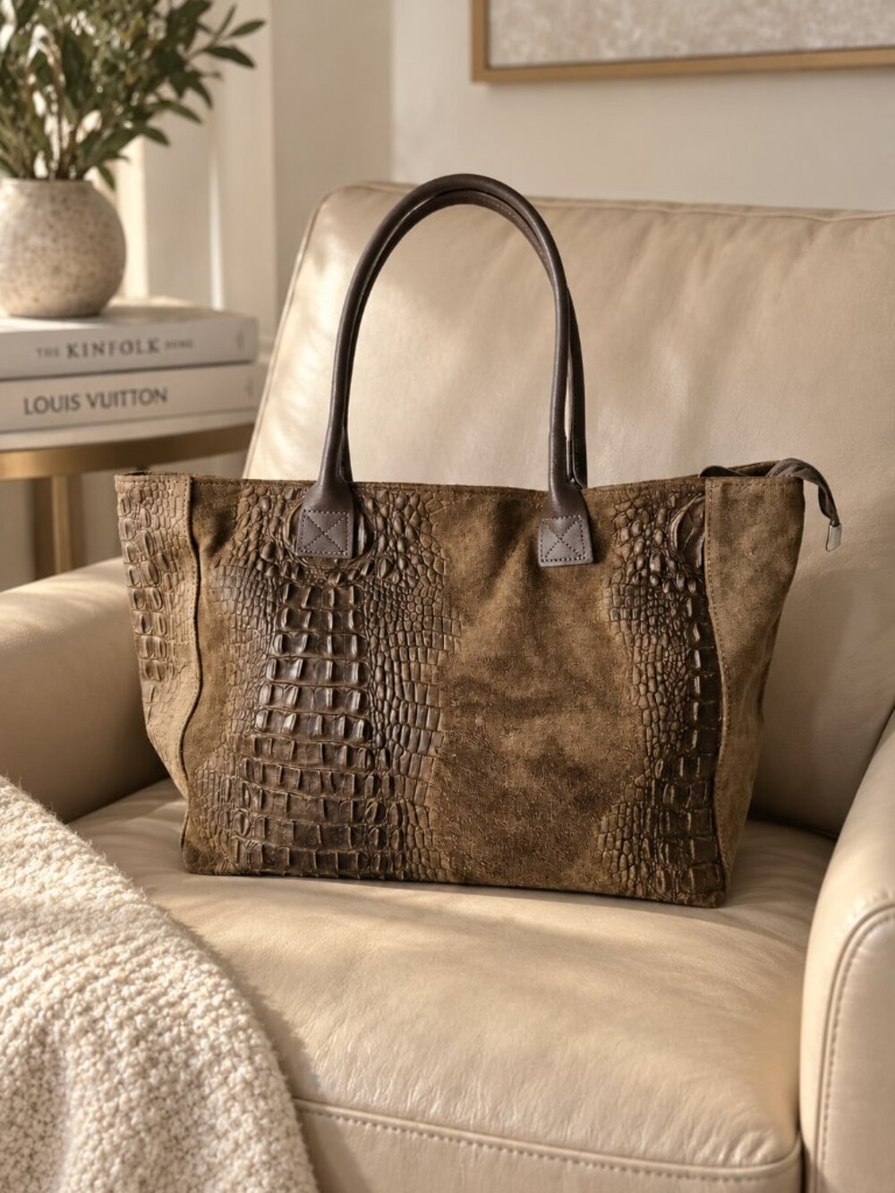 Tobacco Brown Suede Tote Bag, Large Italian Leather Shopper, Croc Embossed Purse